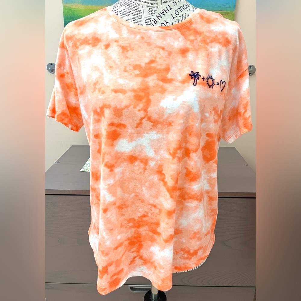 Women’s Old Navy Easy Tee T-Shirt Coral Tie Dye Stitch Palm Tree + Sun = Heart L
